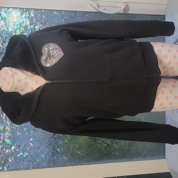 Y2K Vintage VS Pink Black Fur Lined Silver Sequin Mega Bling Hoodie Jacket SZ:L - Picture 5 of 12